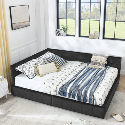 Base de lit tapissier grand capitonné avec rangement, canapé-lit avec dossier confortable et accoudoirs, grand lit pour chambre à coucher, salon, velours, noir (85,5 po x 64,5 po x 29,5 po)