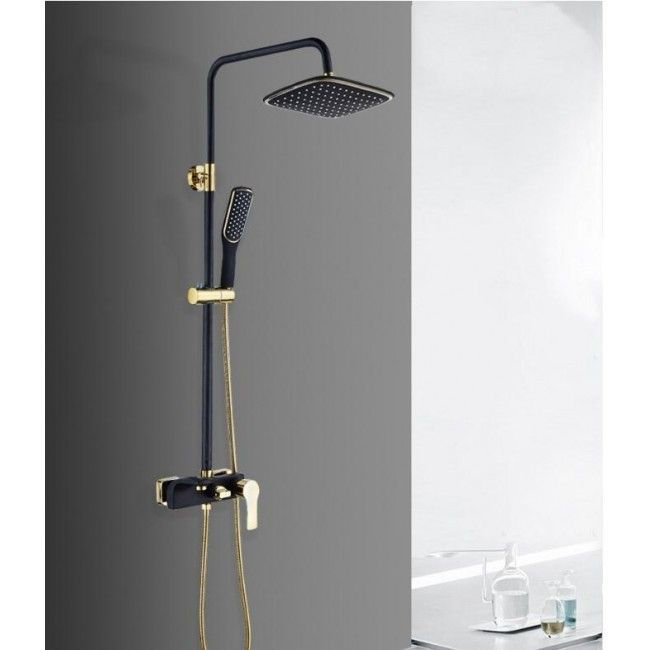 Système de douche à deux tons avec valve thermostatique et douchette, Or noir