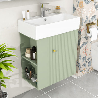 Meuble-lavabo mural avec lavabo en céramique et rangement à gauche
