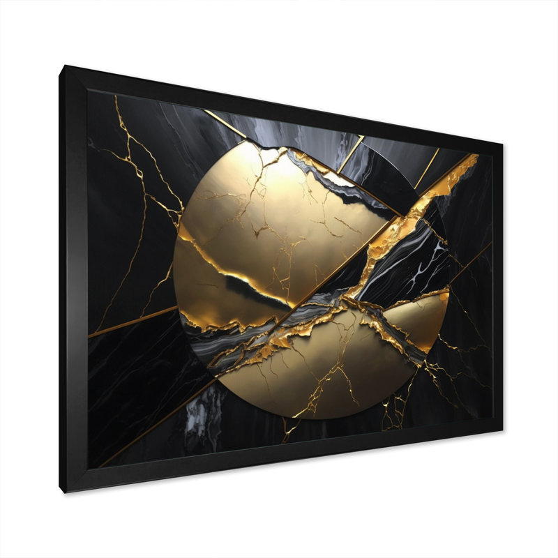Abstract Geode Gold III - Art mural abstrait en marbre, Cadre simple noir, H 12 po x l 20 po x P 1 po