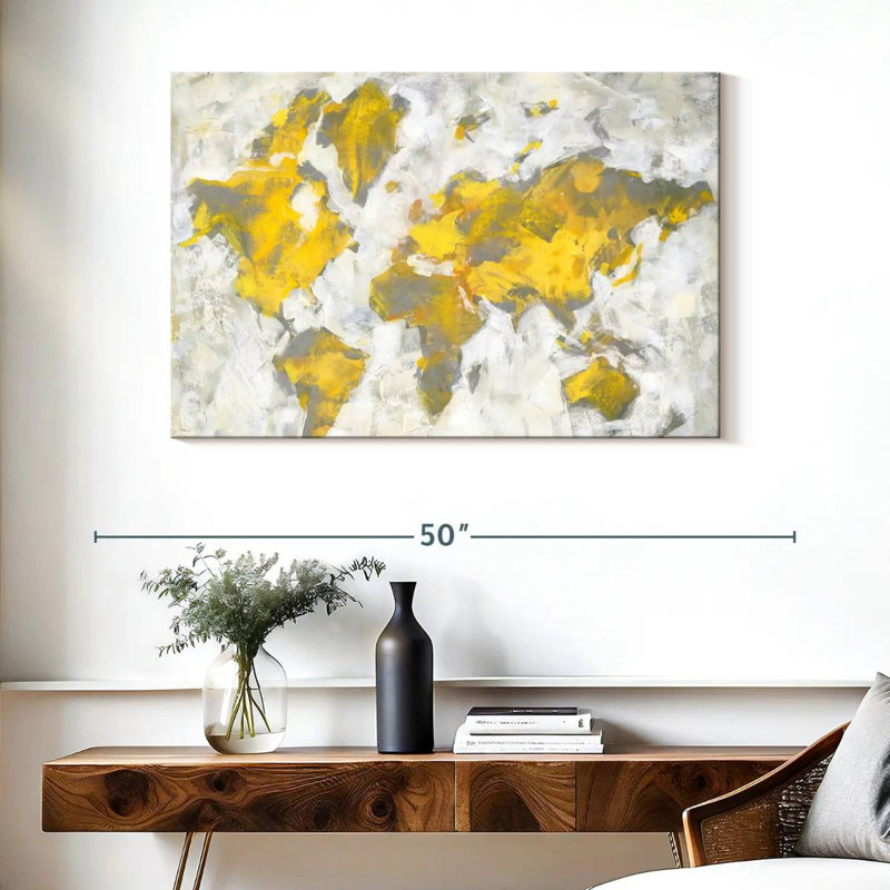 Carte du monde jaune-gris, H 26 po x l 39 po