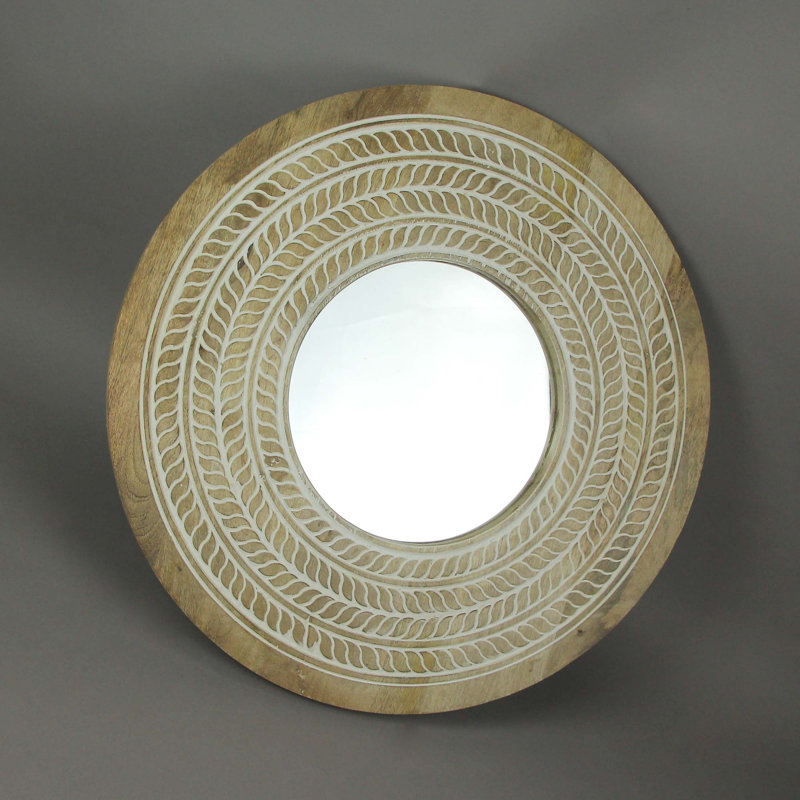 Miroir mural en bois sculpté avec cadre brun et accents blancs peints à la main, 23,5 pouces de diamètre
