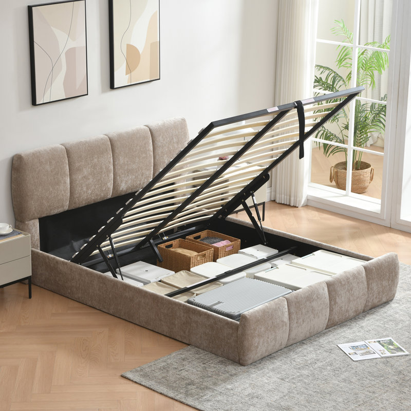 Steinbach Hydraulic Lift Up Storage Upholstered Platform Bed with Low Profile Bed Frame, Lit double, Taupe