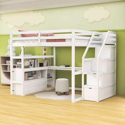 2 Drawers Loft Bed With Desk, Shelves, Storage Stair And Guardrails