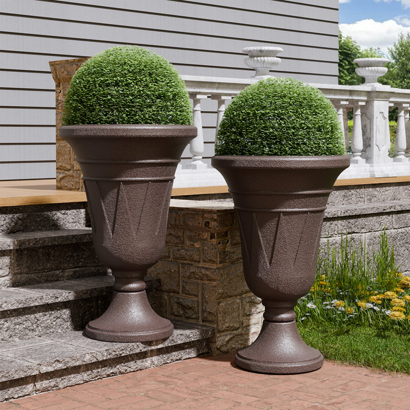 2-Pack Trophy Shaped Pedestal Planters, 23.6" Tall Outdoor Urn Flower Pots With Solid Base, Elegant Pattern, Weather-Resistant HDPE