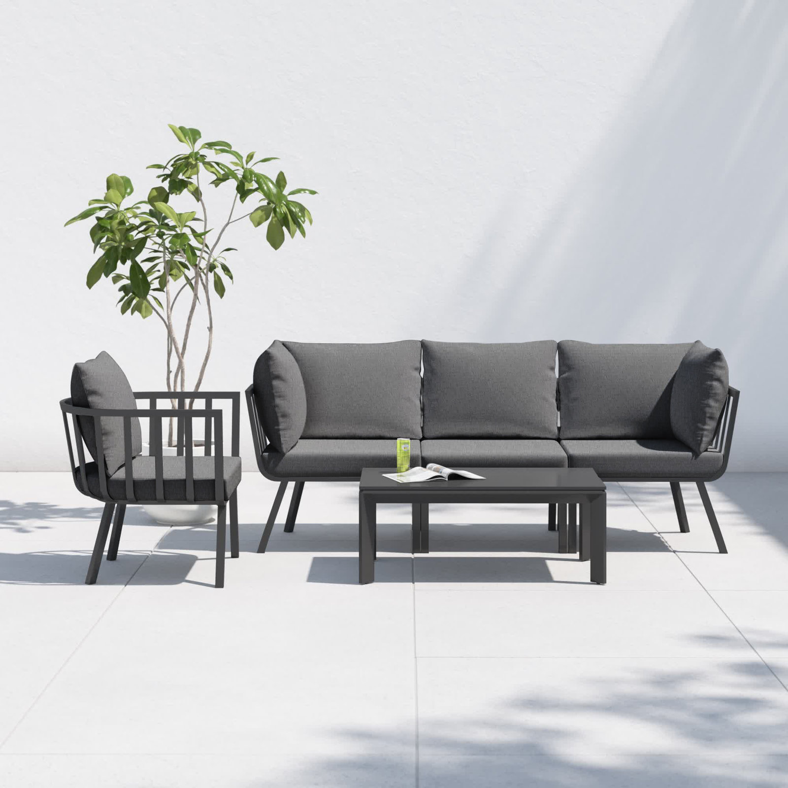 Riverside 4-Person Patio Seating Group, Gray Frame/Charcoal Cushion