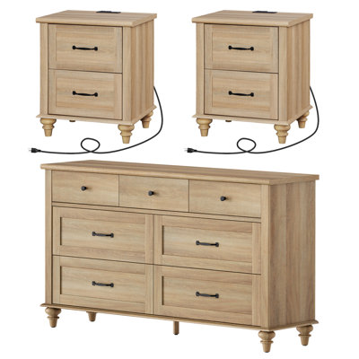 Janaria 3 Piece Bedroom Set - Includes 7 Drawer Dresser For Bedroom, Set Of 2 Nightstands With Charging Station & Drawers, 3 Piece Dresser And Nightstand Sets