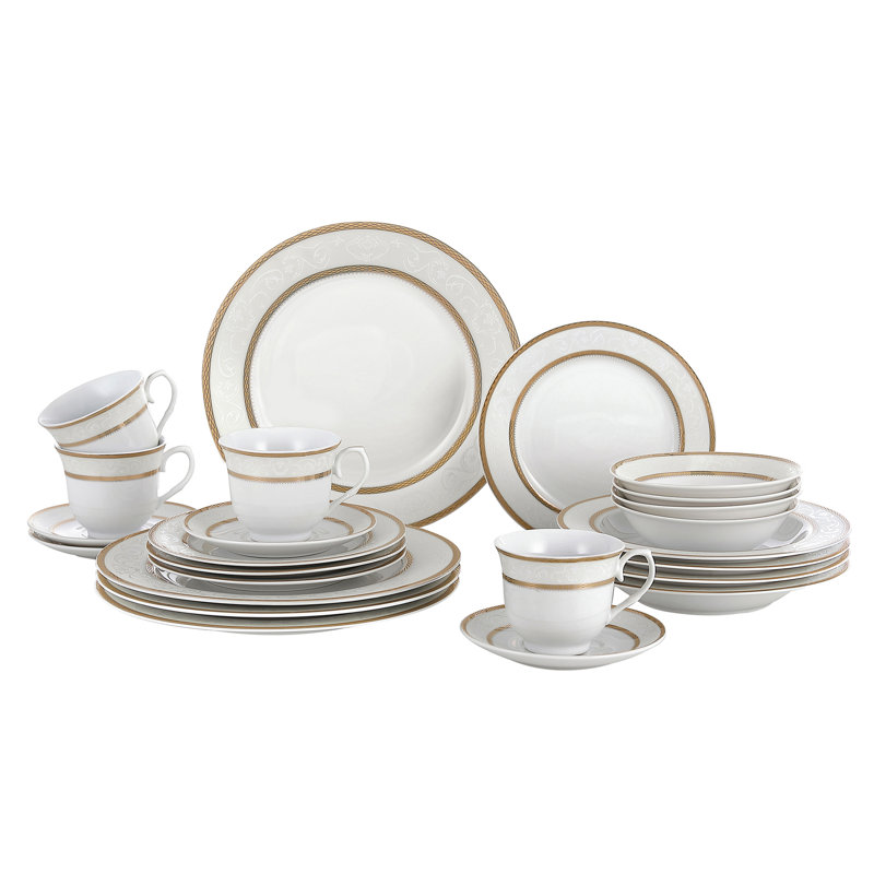 Amelia White and Gold Porcelain 24-Piece Dinnerware Set