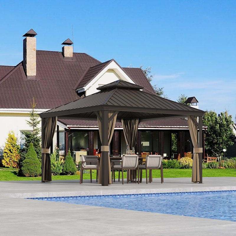  Outdoor Patio Gazebo, Hardtop Gazebo with Galvanized Steel Roof & Aluminum Frame,Heavy Duty Permanent Pavilion with Netting & Curtains for Patio, Lawn, Deck