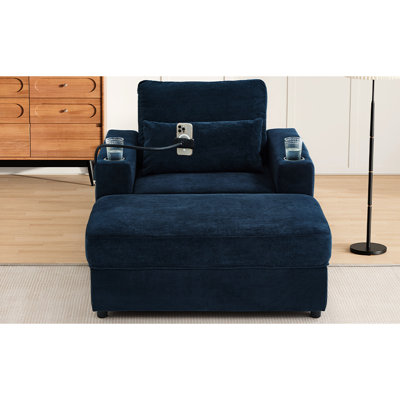 Chaise compacte bleue avec rangement mobile, charge, porte-gobelets doubles et poches latérales pour les ports intégrés, supports, support pour téléphone
