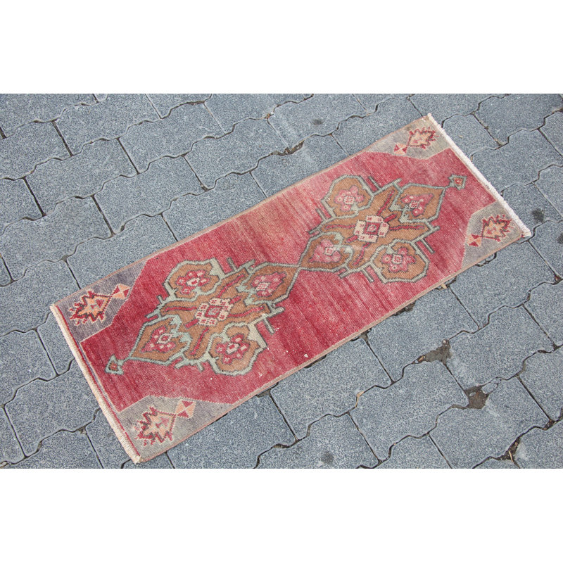 Vintage Turkish Oushak Rug - Small Antique Wool Floor Decor in Brilliant Red for Bathrooms