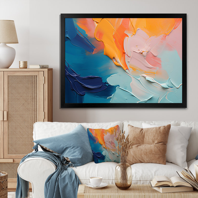 «Blue and Orange Paint Abstract Expression 2», art mural abstrait, Cadre d'angle fermé noir, H 12 po x l 20 po x P 1 po