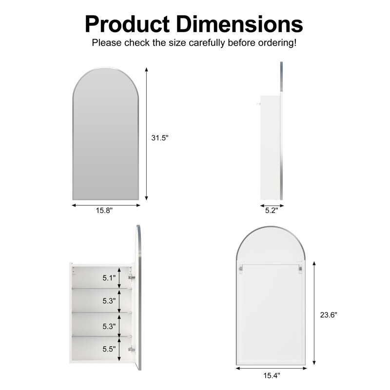 19.7" X 31.5" Arched Bathroom Medicine Cabinet With Mirror & Shelves,right Open,wall Mounted, Silver