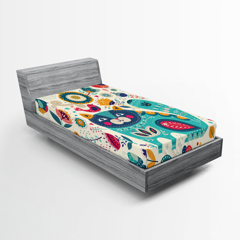 Ambesonne Animal Fitted Sheet 2-Pack Cat with Birds Multicolor, TwinXL Fitted Sheet
