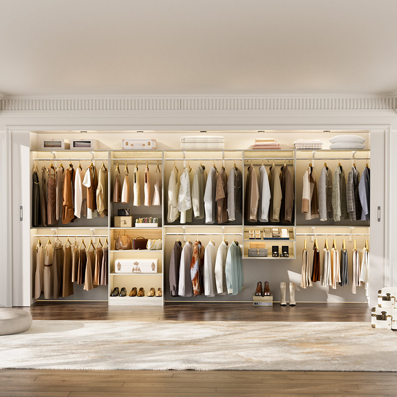 Seward 41’’-154’’ W Closet System with Shelves and 8 Hanging Rods, Washed Oak