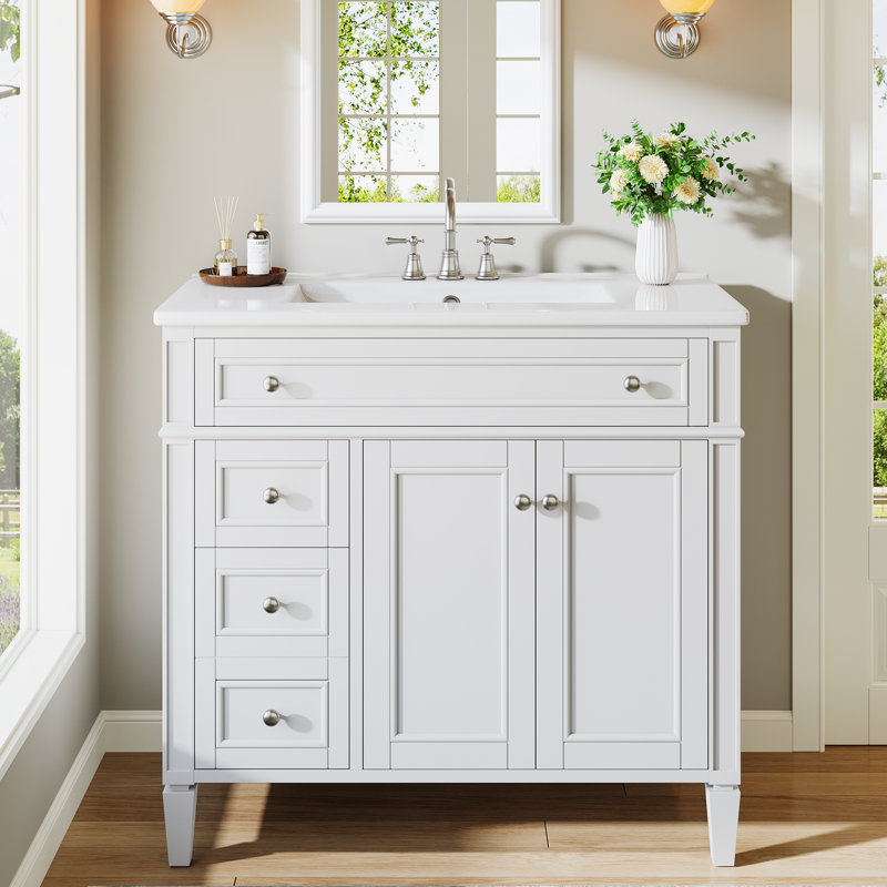 Meuble-lavabo simple 36 po avec plateau en céramique, tiroirs et armoire, Blanc, 36"