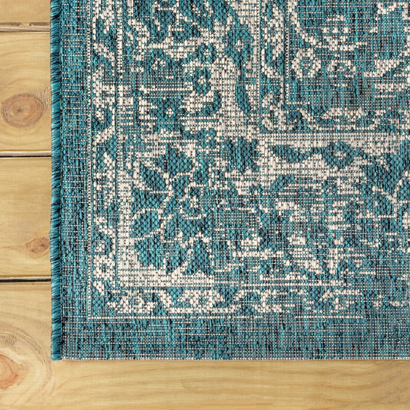 Leonora Bohemian Textured Weave Floral Teal/Gray Indoor/Outdoor Rug, Rectangle 3'1" x 5'