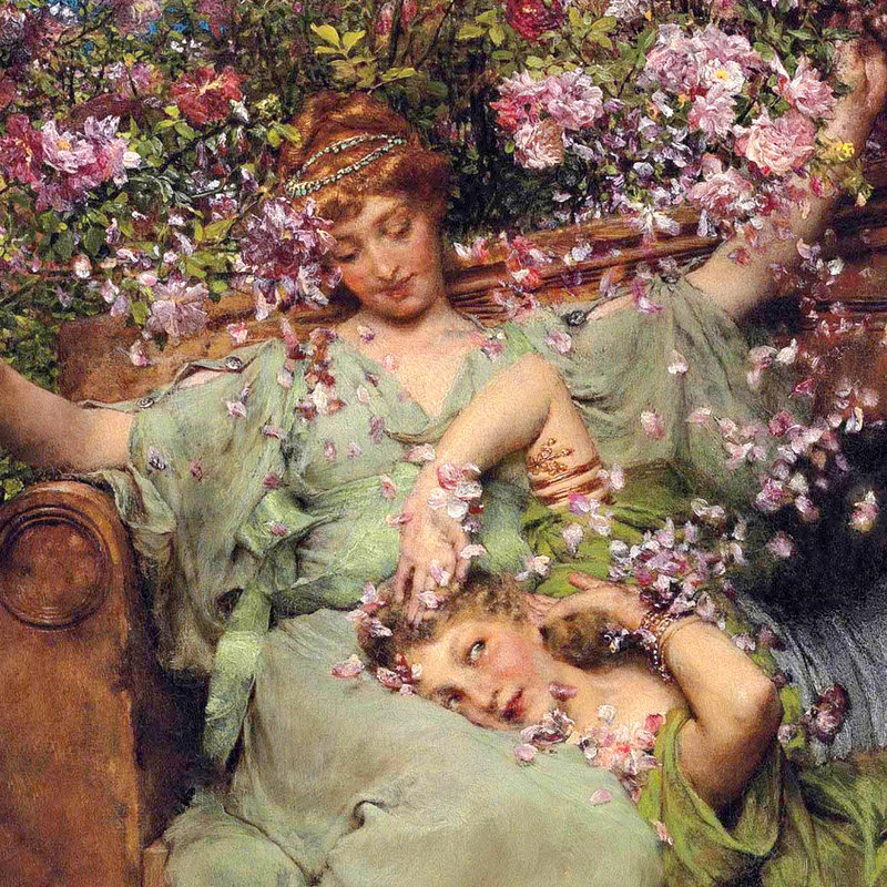 "In A Rose Garden" par Lawrence Alma-Tadema sur toile, H 22,25 po x l 27,25 po