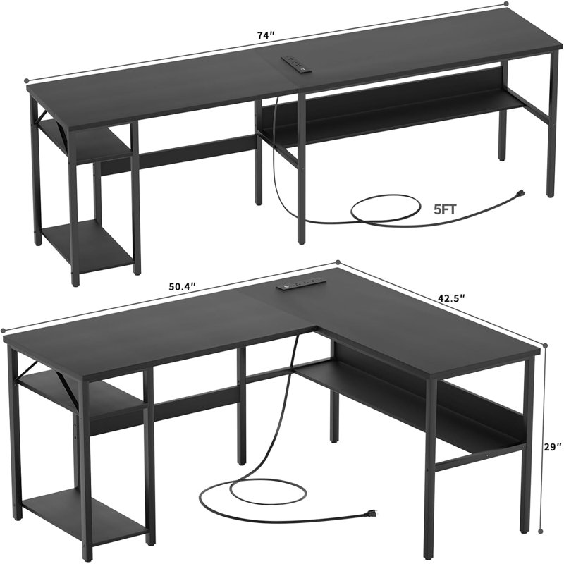 Mishaal L-Shaped Metal Base Computer Desk with Power Outlet, Black
