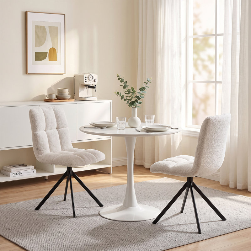 Set of 2 Chenille Upholstered Dining Chairs, White, White