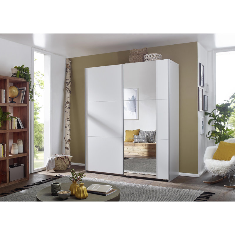 Santiago Wardrobe with Mirror and Three Different Equipment Options, White with Mirror, Basic, 210cm H x 175cm W x 59cm D
