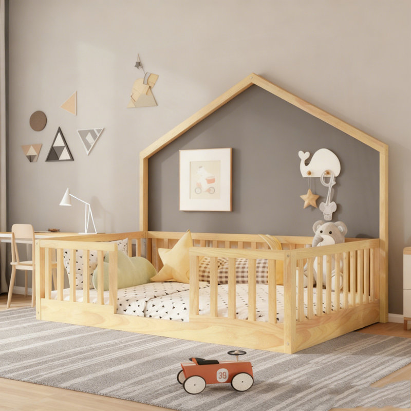 Floor Bed with High Rails, Wooden Montessori Bed with Light, Natural, Twin