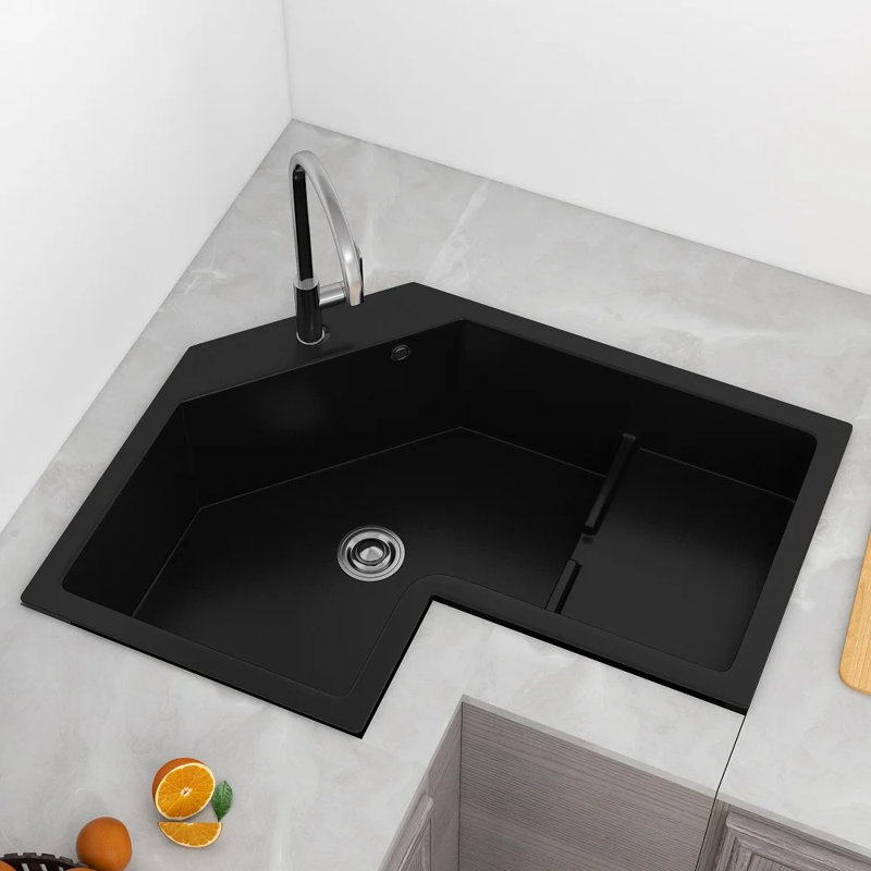 32 Inch Modern Black Drop In Corner Kitchen Sink Single Bowl Irregular Right Quartz Corrosion Heat Resistant Sound Proof Drain Assembly Pipe Overflow Included