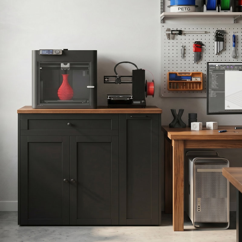 Support d'imprimante 3D en bois avec prises intégrées et rangement pour filament, table d'imprimante 3D robuste avec tablette et tiroir réglables, classeur