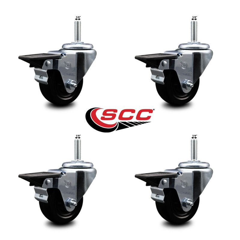 Ensemble de roulettes à tige filetée pivotante de 3 po avec roues en caoutchouc de 5/8 po avec frein SCC