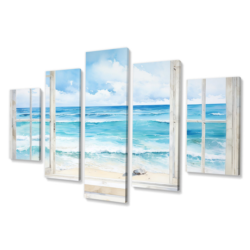  «Tranquility Beachside Windows Horizon II - Coastal Windows Multipanel Wall Art Decor Set