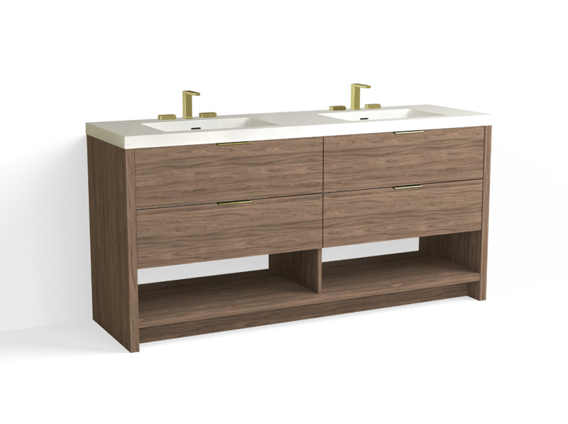 Vue 72" W Freestanding Double Bathroom Vanity, Nocino, Satin Brass, Glossy White/Single