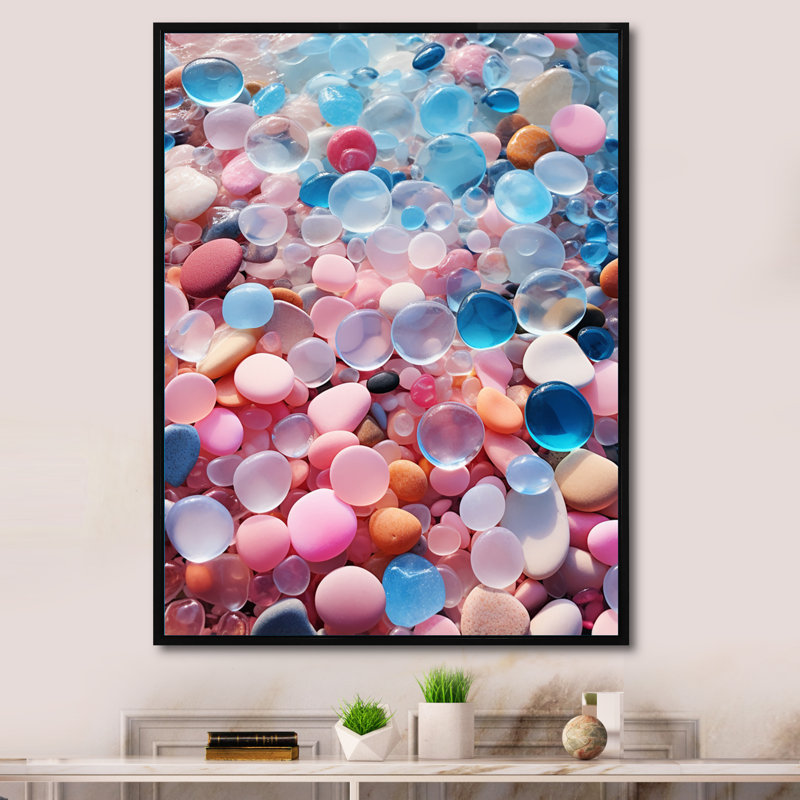 «Pink and Turquoise Pebble Tropical Beach», reproduction sur toile, H 32 po x l 24 po x P 1 po, Cadre flottant noir