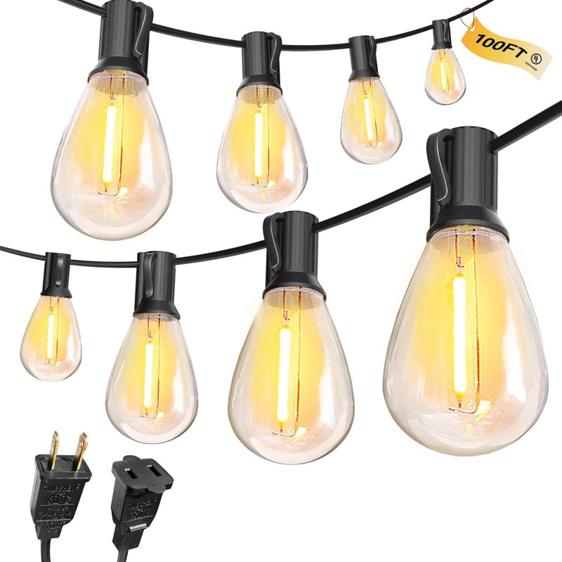 100FT Outdoor LED String Lights With 52 Shatterproof Dimmable Bulbs, Waterproof Patio Lighting For Porch Garden Backyard Balcony Pathways, 2700K Warm White