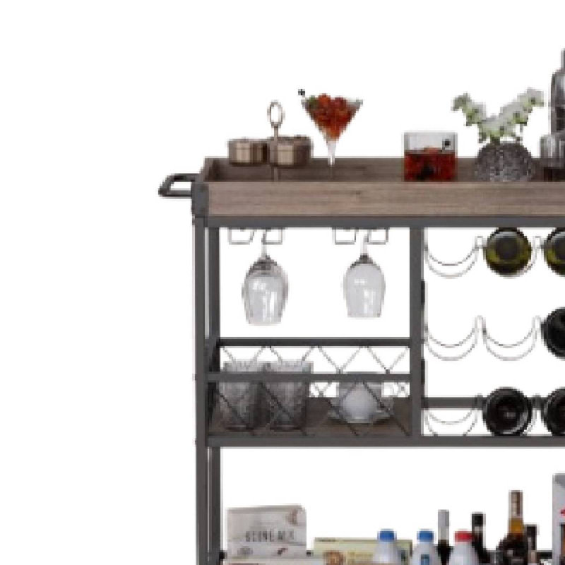 Wagon-bar en métal à 3 niveaux avec support à vin, plateau amovible et roues verrouillables l 31,5 po Rubiya, Gris