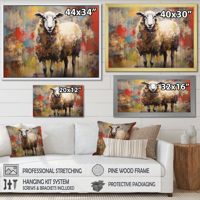 «Colorful Abstract Sheep Collage I», reproduction d'art sur toile, H 12 po x l 20 po x P 1 po, Cadre flottant noir