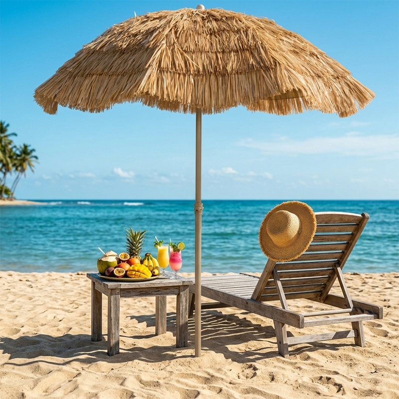 6.1ft Octagonal Thatch Beach Umbrella With Base And Adjustable Height