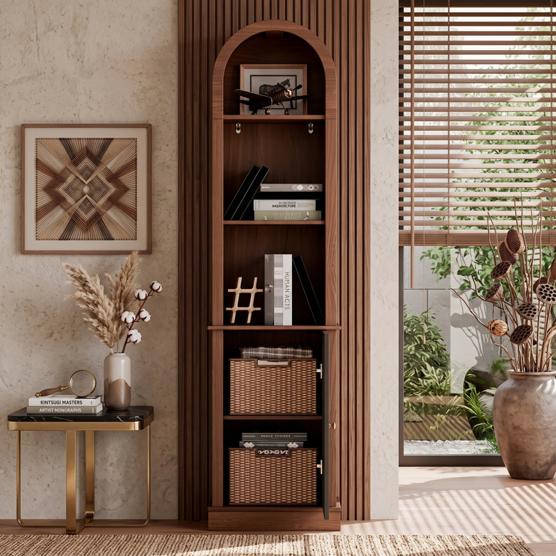 68" Tall Arched Corner Display Case with Louvered Shutter Door, Walnut Brown