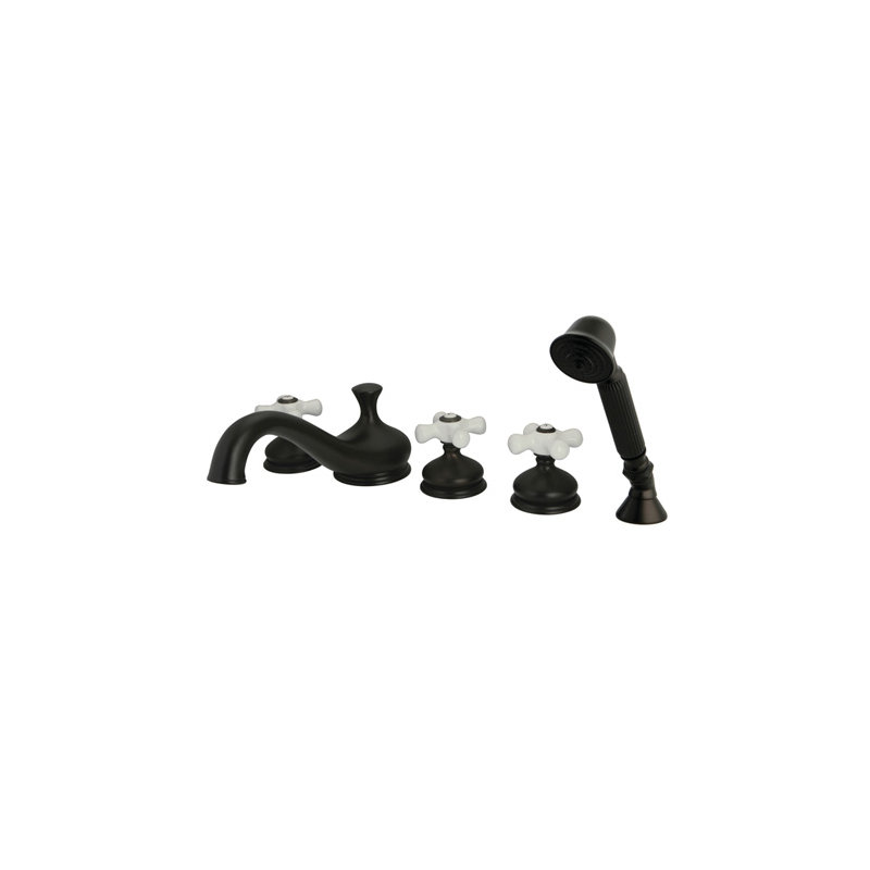 Heritage Triple Handle Deck Mounted Roman Tub Faucet with Handshower, Oil Rubbed Bronze