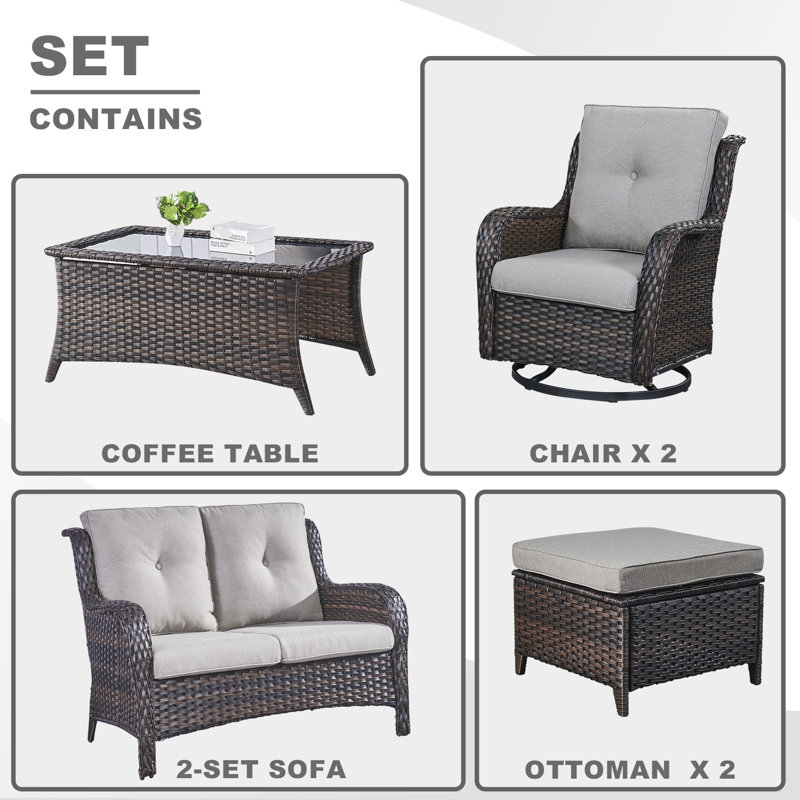 Bonia Wicker 4 - Person Patio Conversation Set with Cushions, Brown Frame/Gray Cushion