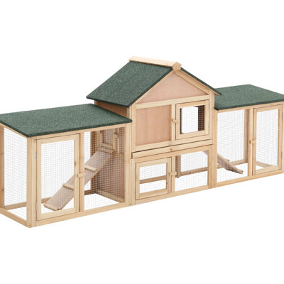 Maison de lapin pour l'extérieur de L 83 po - Spacieuse et pratique. Piste double, toit, plateau amovible. Cage de cochon d'Inde en bois jaune. L 84,96 po x l 18 po. H 33,15 po. Assemblage requis à l'extérieur. Avec. Rampes de plateau pour