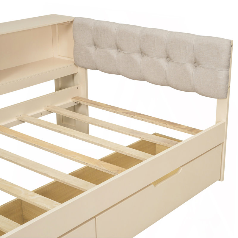 Wood Twin Size Platform Bed With Storage Shelves, Drawers, Charging Station And Upholstered Headboard, Cream, Twin, Cream
