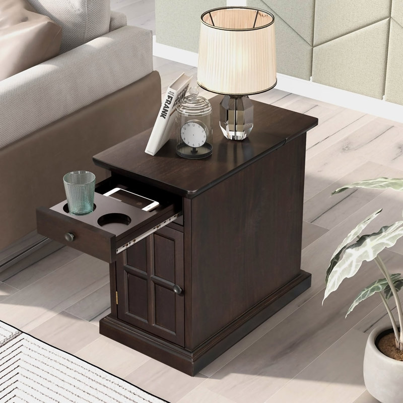 Classic Vintage Livingroom End Table Side Table With USB Ports And One Multifunctional Drawer With Cup Holders
