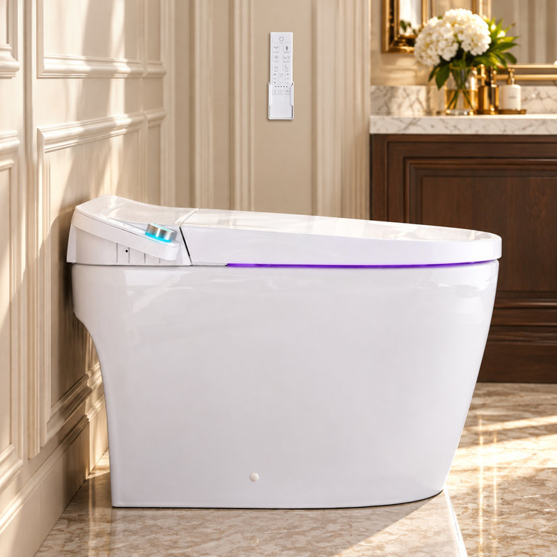 Elongated Smart Tankless Toilet with Bidet, Auto Flush, Heated Seat, Warm Wash/Dryer, Adjustable Water Temp, Foot Kick Operation, Night Light, Remote Control,3-Year Warranty