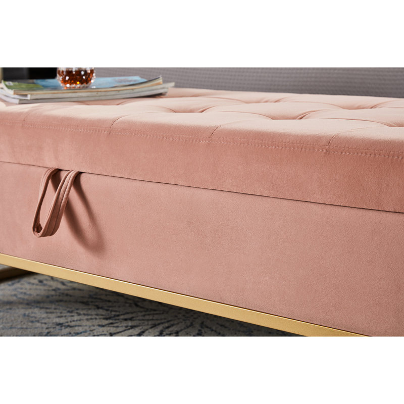 Banc de rangement en velours rose - base en métal 58,6 po pour un look contemporain, Rose