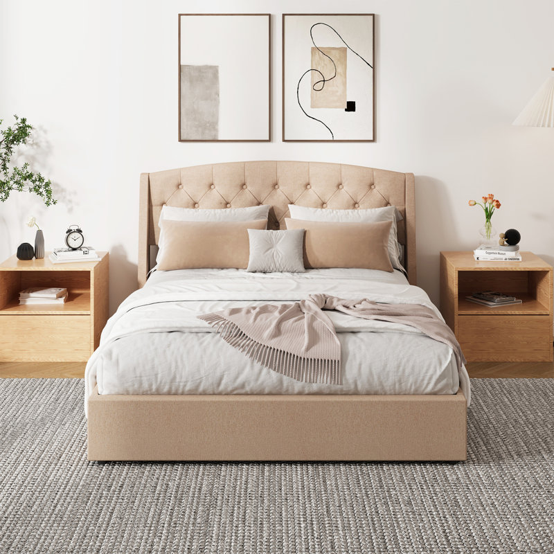 Lift Up Storage Upholstered Platform Bed With Wingback Headboard, Beige, Queen