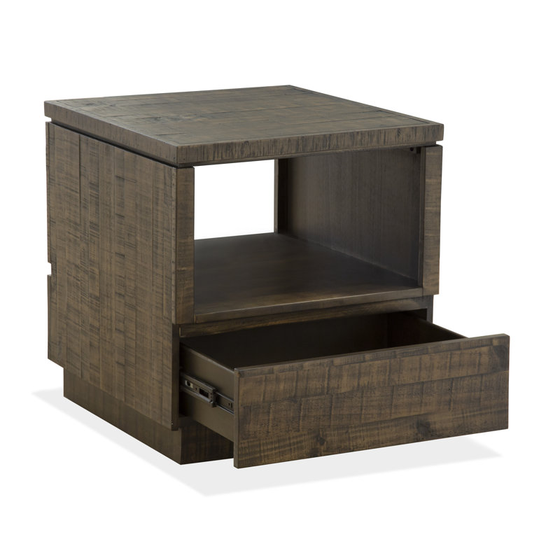 Dark Brown Pine Wood Rectangular End Table with Storage