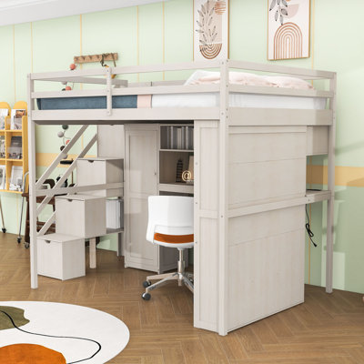 Full Wooden Loft Bed with Desk, Wardrobe, Storage Shelves