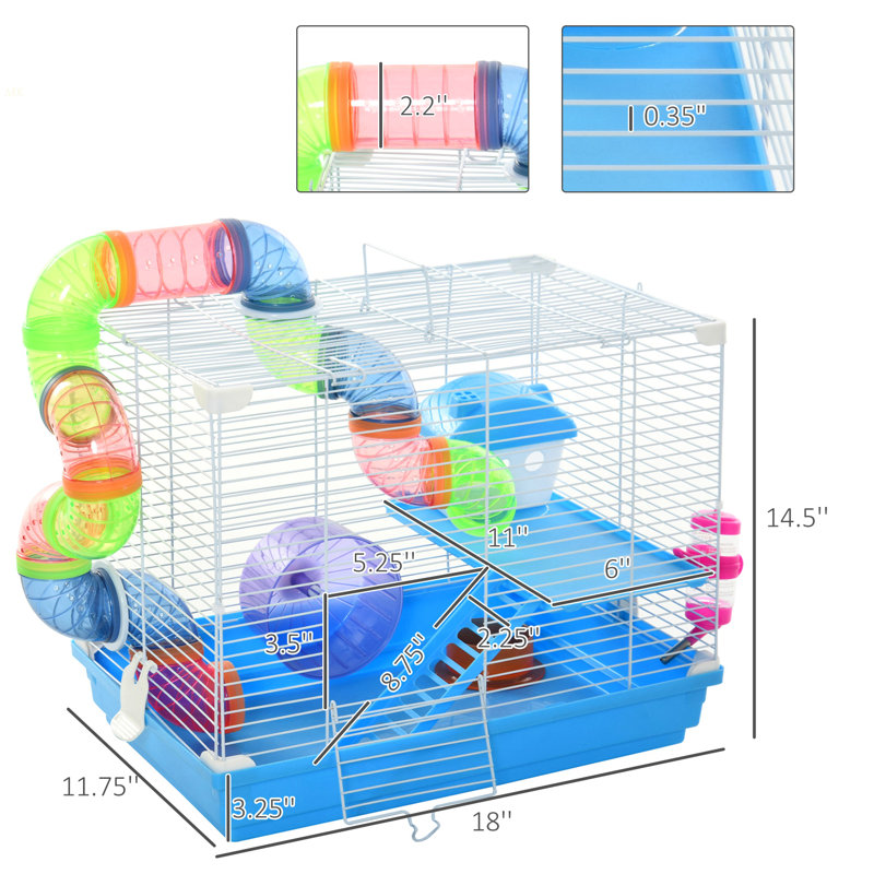 Cage à hamster 18 "à 2 niveaux avec roue et bouteille d'eau, bleu