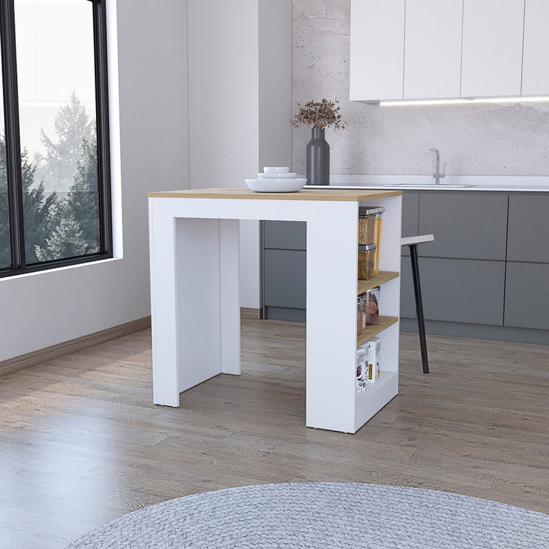 Îlot de cuisine Doyle, trois tablettes latérales, Blanc