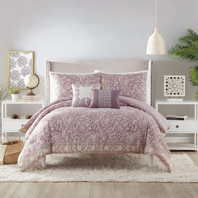 Socorro Floral and Paisley 5-Piece Reversible Sateen Comforter Set, King Comforter + 2 Shams + 2 Throw Pillows